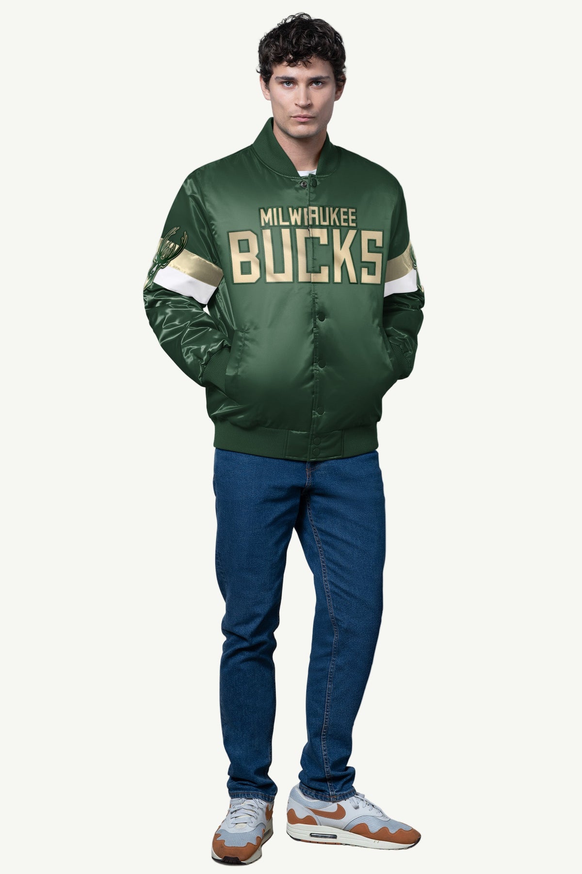 Starter MENS MILWAUKEE BUCKS TRIPLE OPTION SATIN VARSITY JACKET