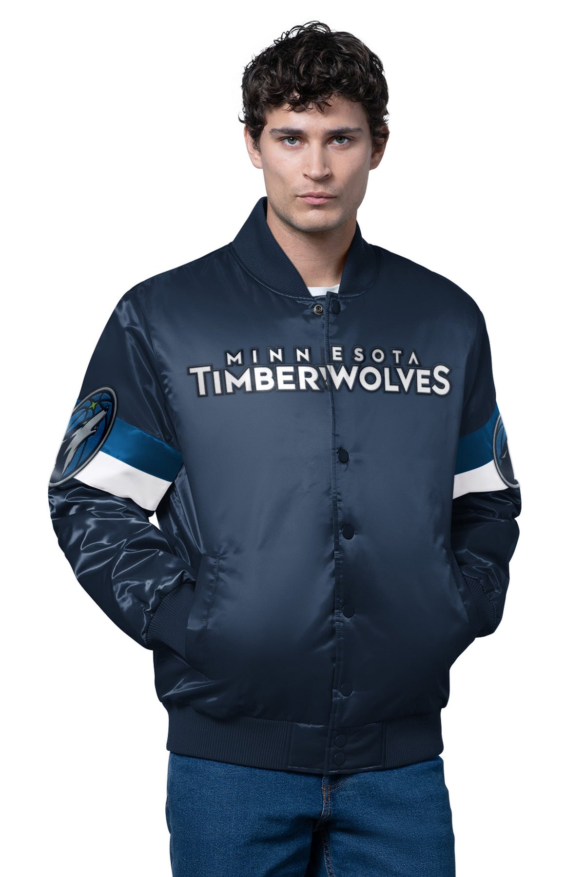 Starter MENS MINNESOTA TIMBERWOLVES TRIPLE OPTION SATIN VARSITY JACKET