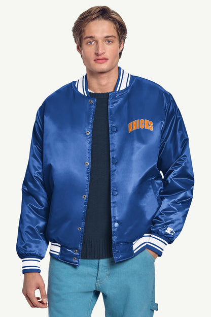 Starter MENS NEW YORK KNICKS PRINTED GRAPHIC LOGO SATIN VARSITY JACKET