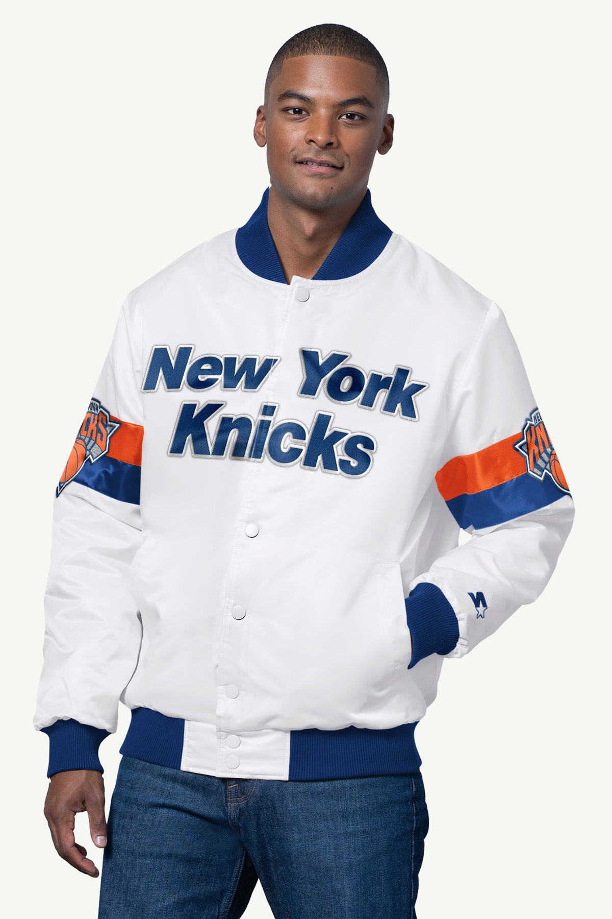 Starter MENS NEW YORK KNICKS TRIPLE OPTION SATIN VARSITY JACKET