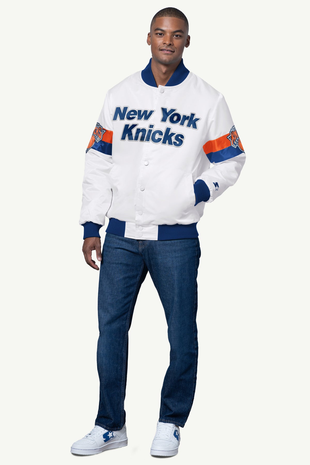 Starter MENS NEW YORK KNICKS TRIPLE OPTION SATIN VARSITY JACKET