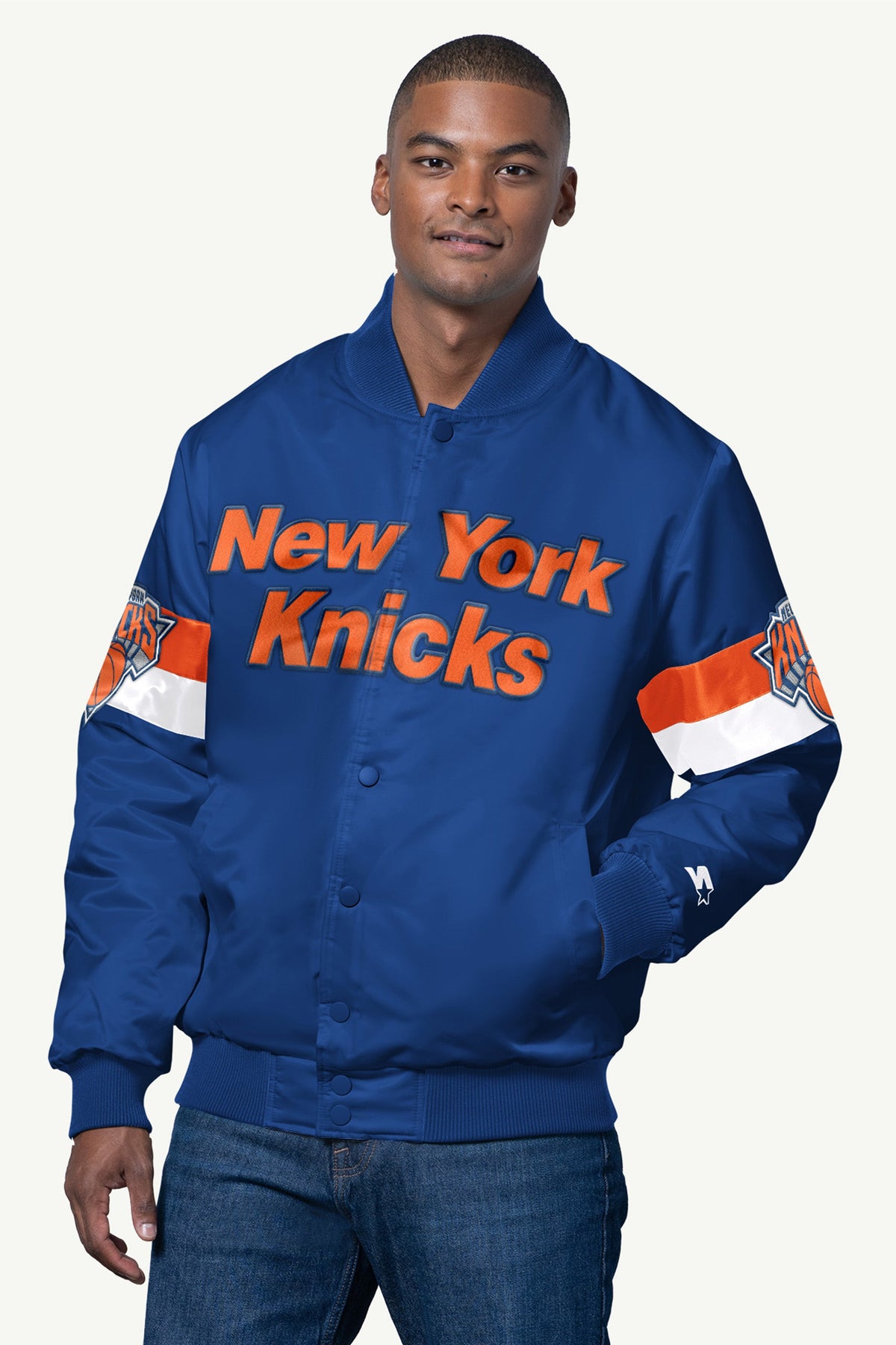 Starter MENS NEW YORK KNICKS TRIPLE OPTION SATIN VARSITY JACKET