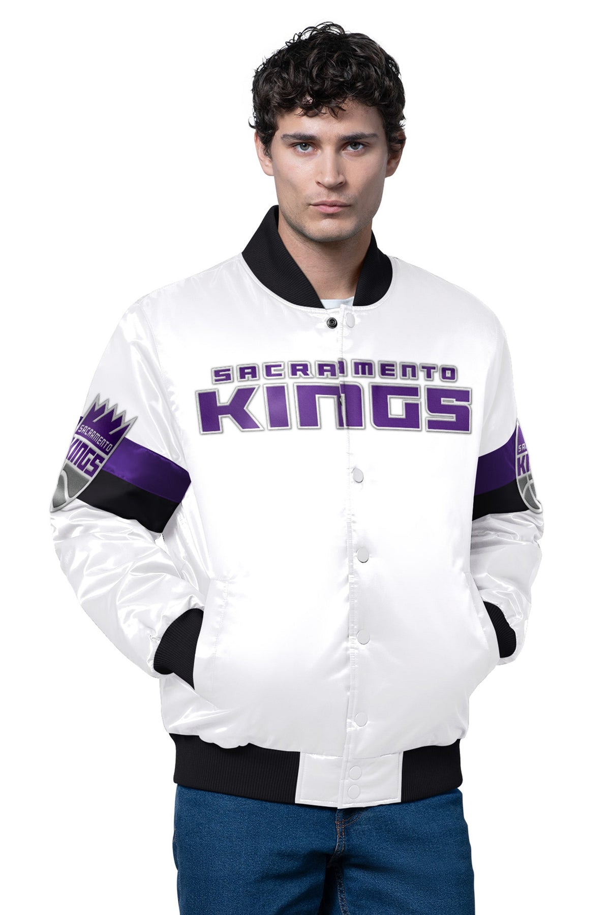 Starter MENS SACRAMENTO KINGS TRIPLE OPTION SATIN VARSITY JACKET