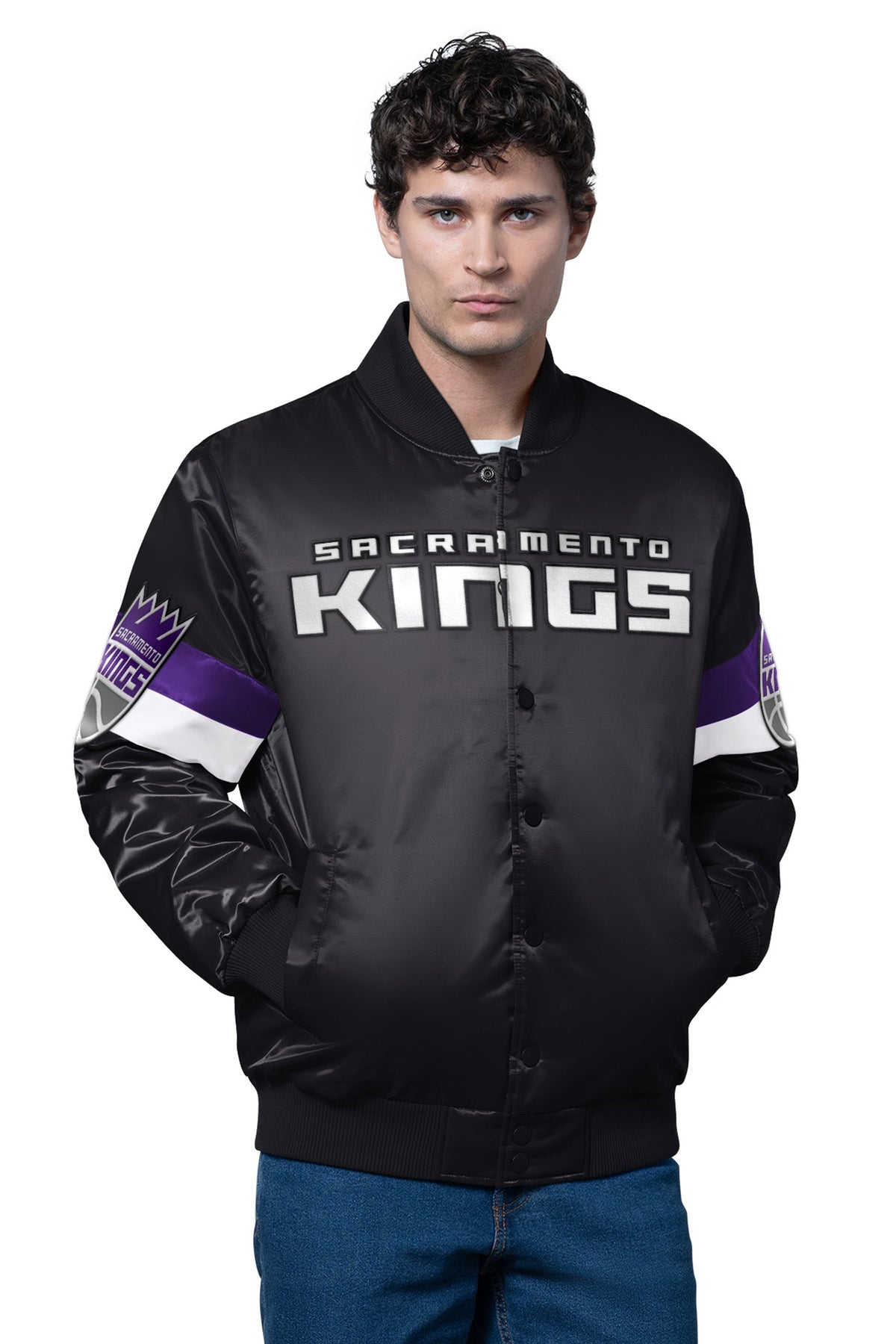 Starter MENS SACRAMENTO KINGS TRIPLE OPTION SATIN VARSITY JACKET