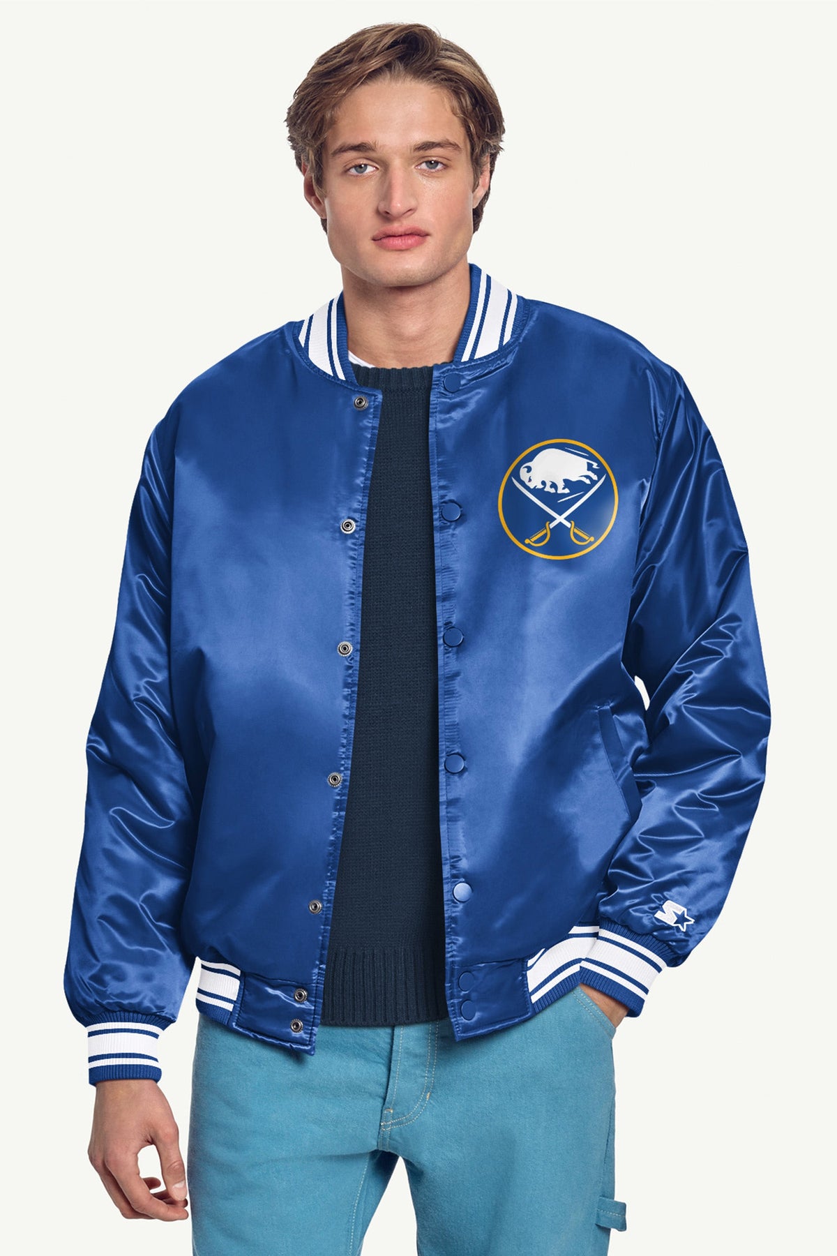 Starter MENS BUFFALO SABRES PRINTED GRAPHIC TRIANGLE SATIN VARSITY JACKET