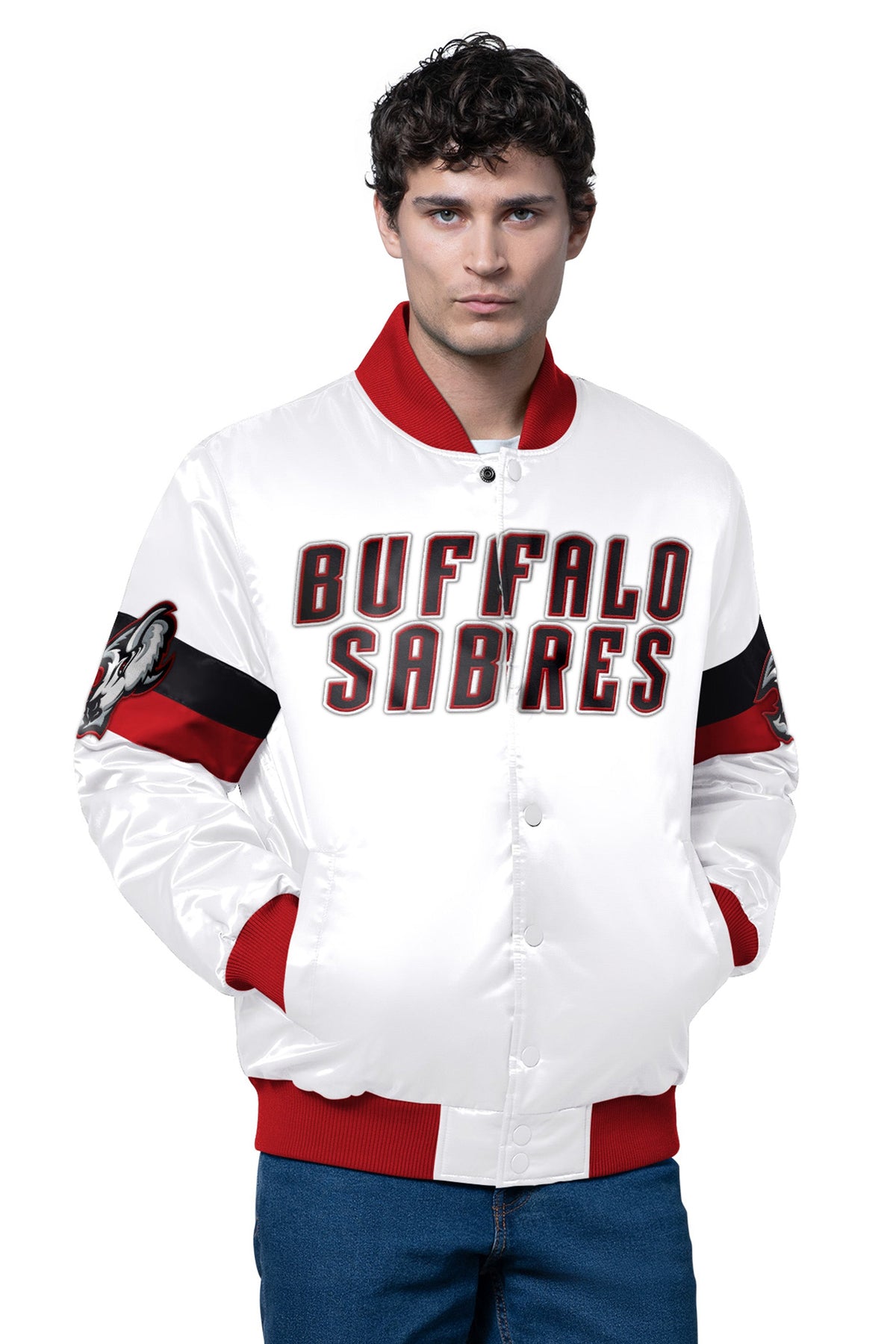 Starter MENS BUFFALO SABRES TRIPLE OPTION SATIN VARSITY JACKET
