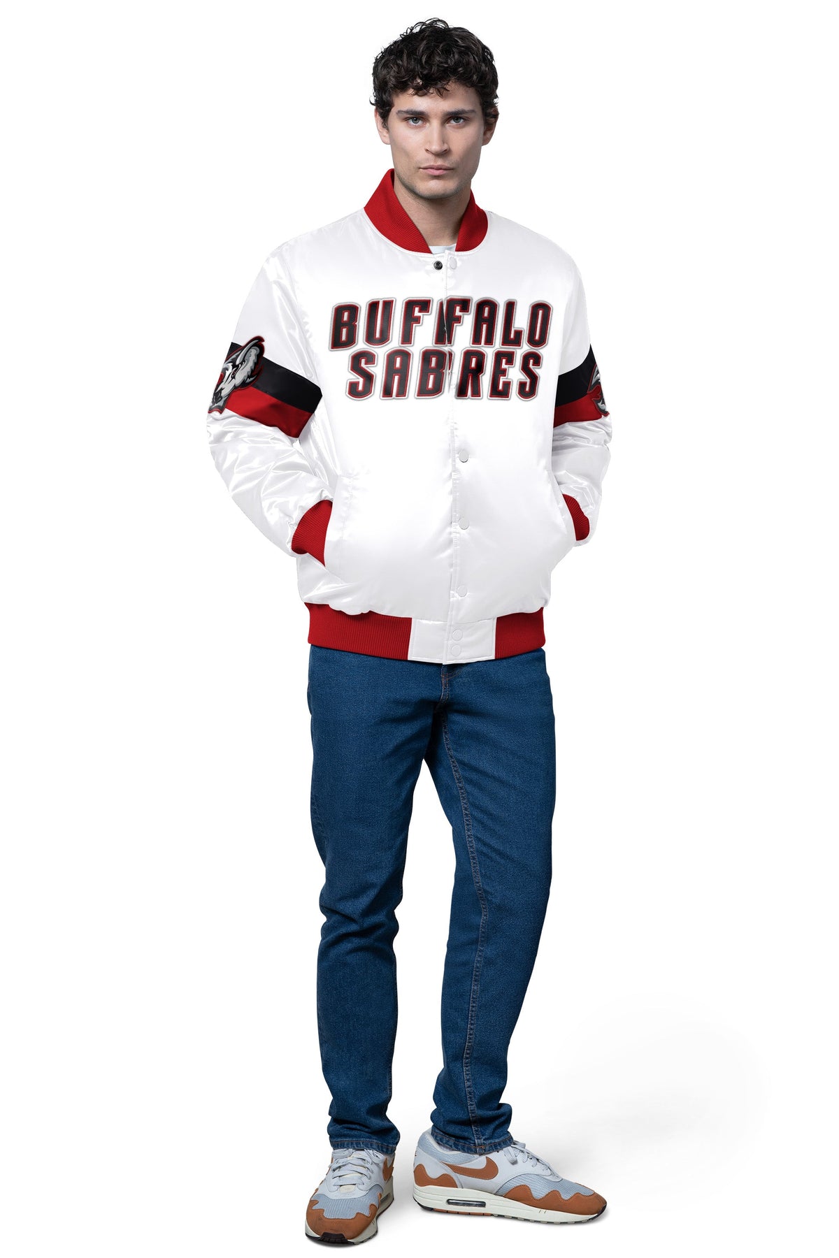 Starter MENS BUFFALO SABRES TRIPLE OPTION SATIN VARSITY JACKET