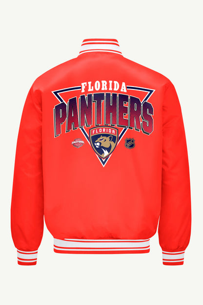 Starter MENS FLORIDA PANTHERS PRINTED GRAPHIC TRIANGLE SATIN VARSITY JACKET