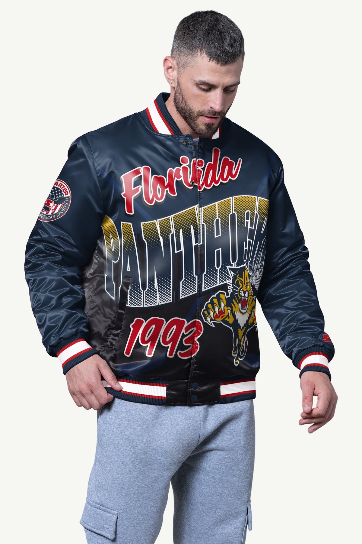 Starter MENS FLORIDA PANTHERS PASS RUSH SATIN VARSITY JACKET
