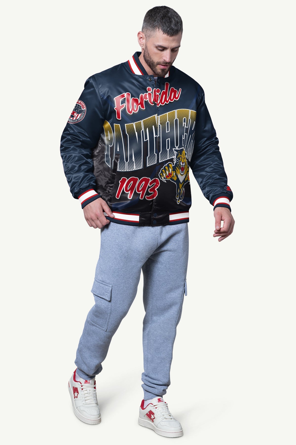 Starter MENS FLORIDA PANTHERS PASS RUSH SATIN VARSITY JACKET
