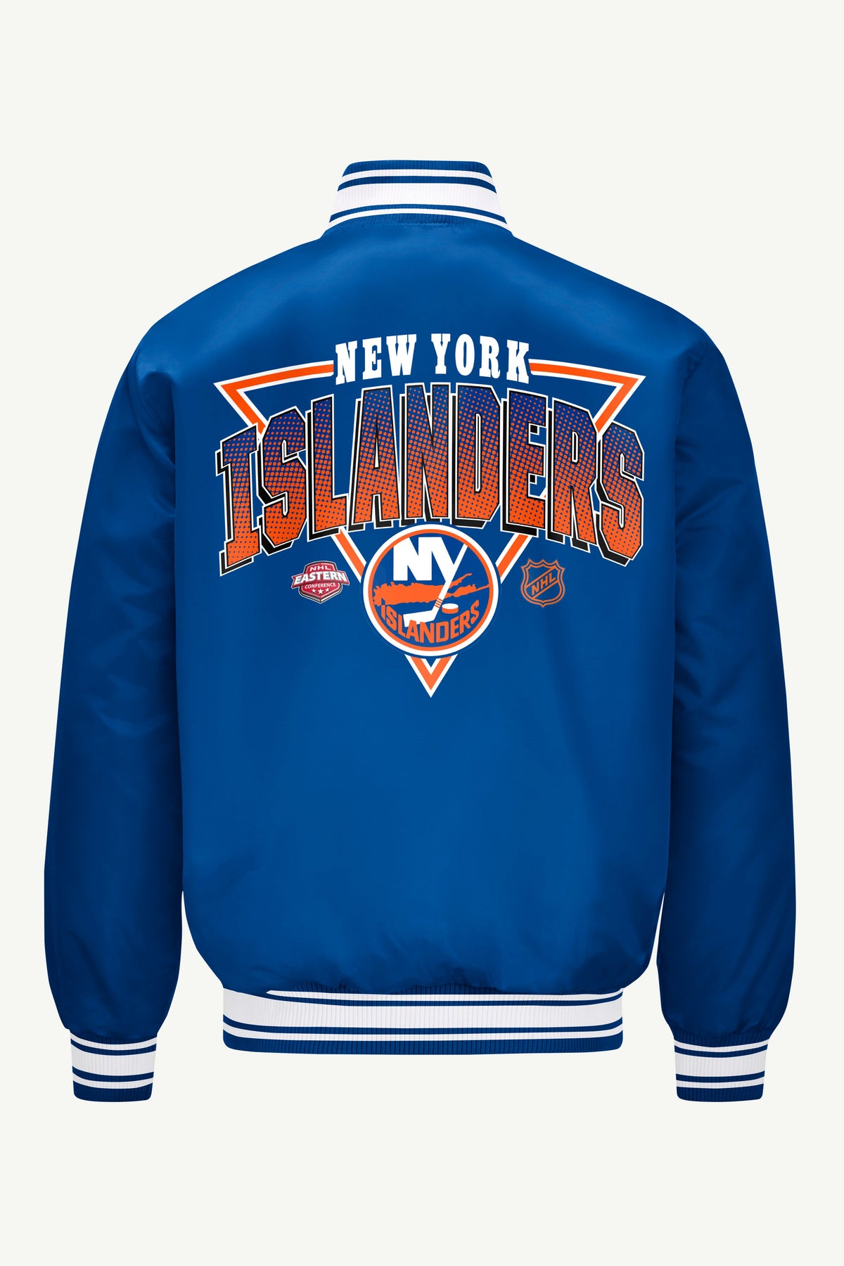 Starter MENS NEW YORK ISLANDERS PRINTED GRAPHIC TRIANGLE SATIN VARSITY JACKET