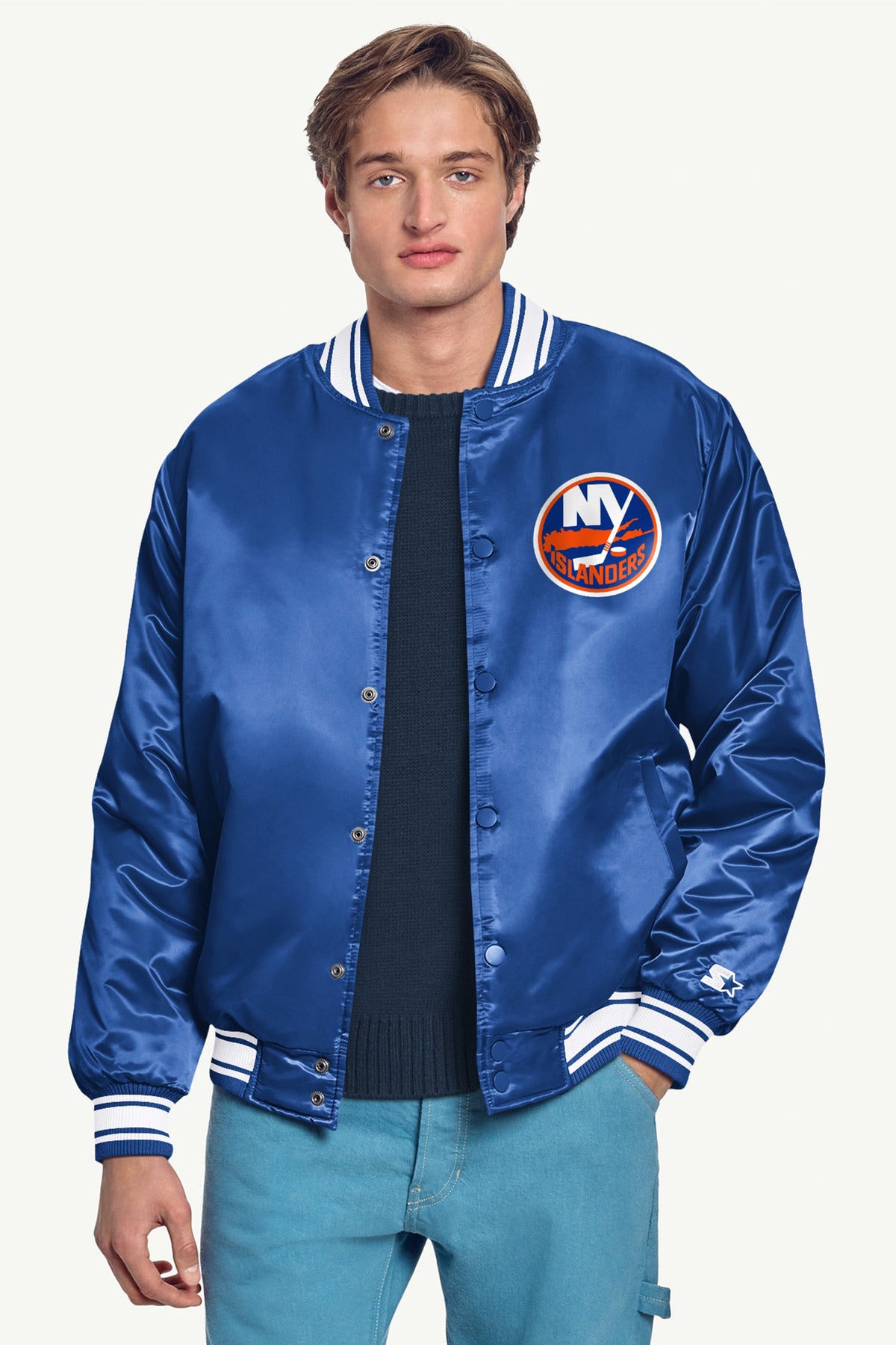 Starter MENS NEW YORK ISLANDERS PRINTED GRAPHIC TRIANGLE SATIN VARSITY JACKET