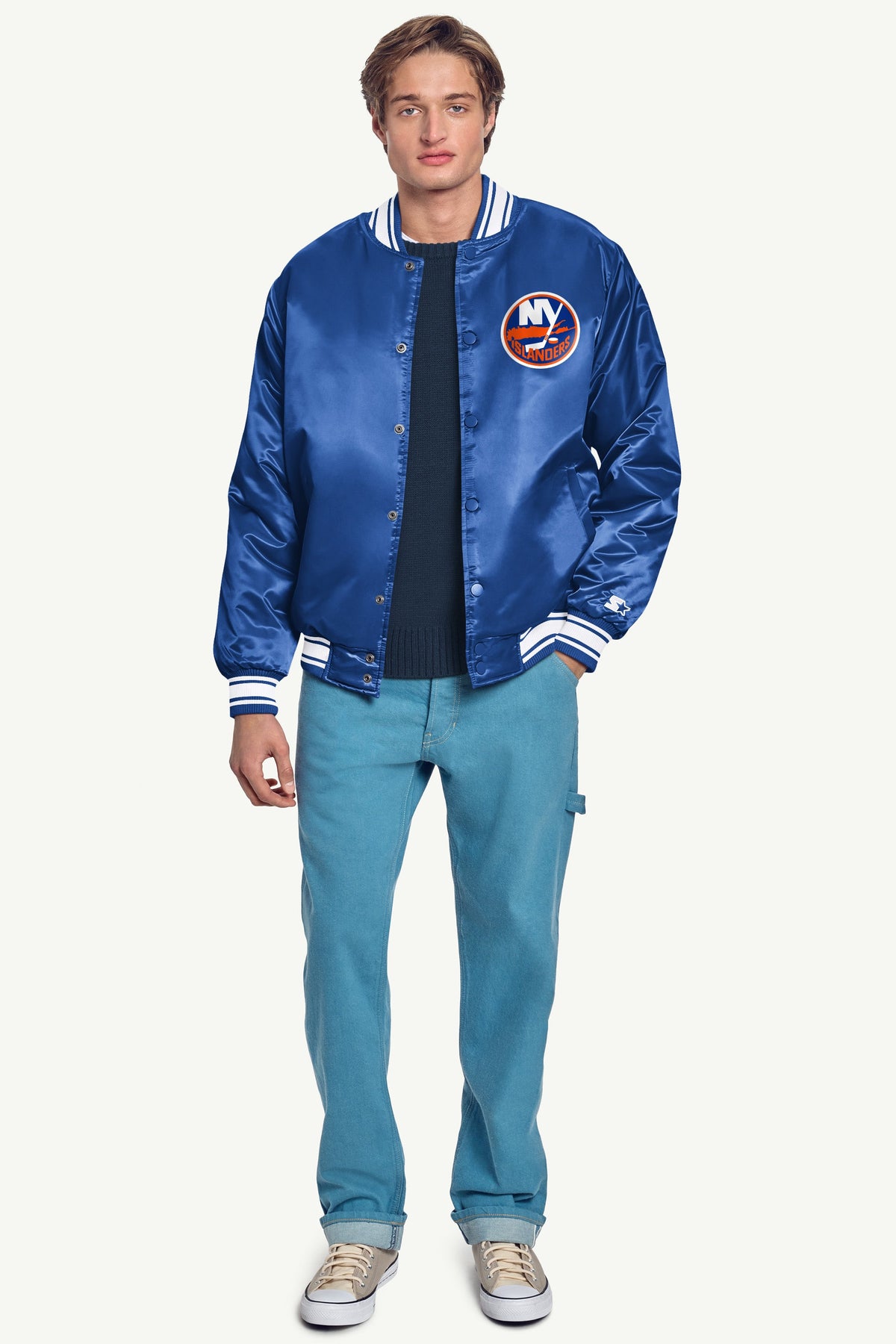 Starter MENS NEW YORK ISLANDERS PRINTED GRAPHIC TRIANGLE SATIN VARSITY JACKET