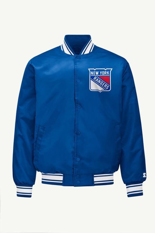 Starter MENS NEW YORK RANGERS PRINTED GRAPHIC TRIANGLE SATIN VARSITY JACKET