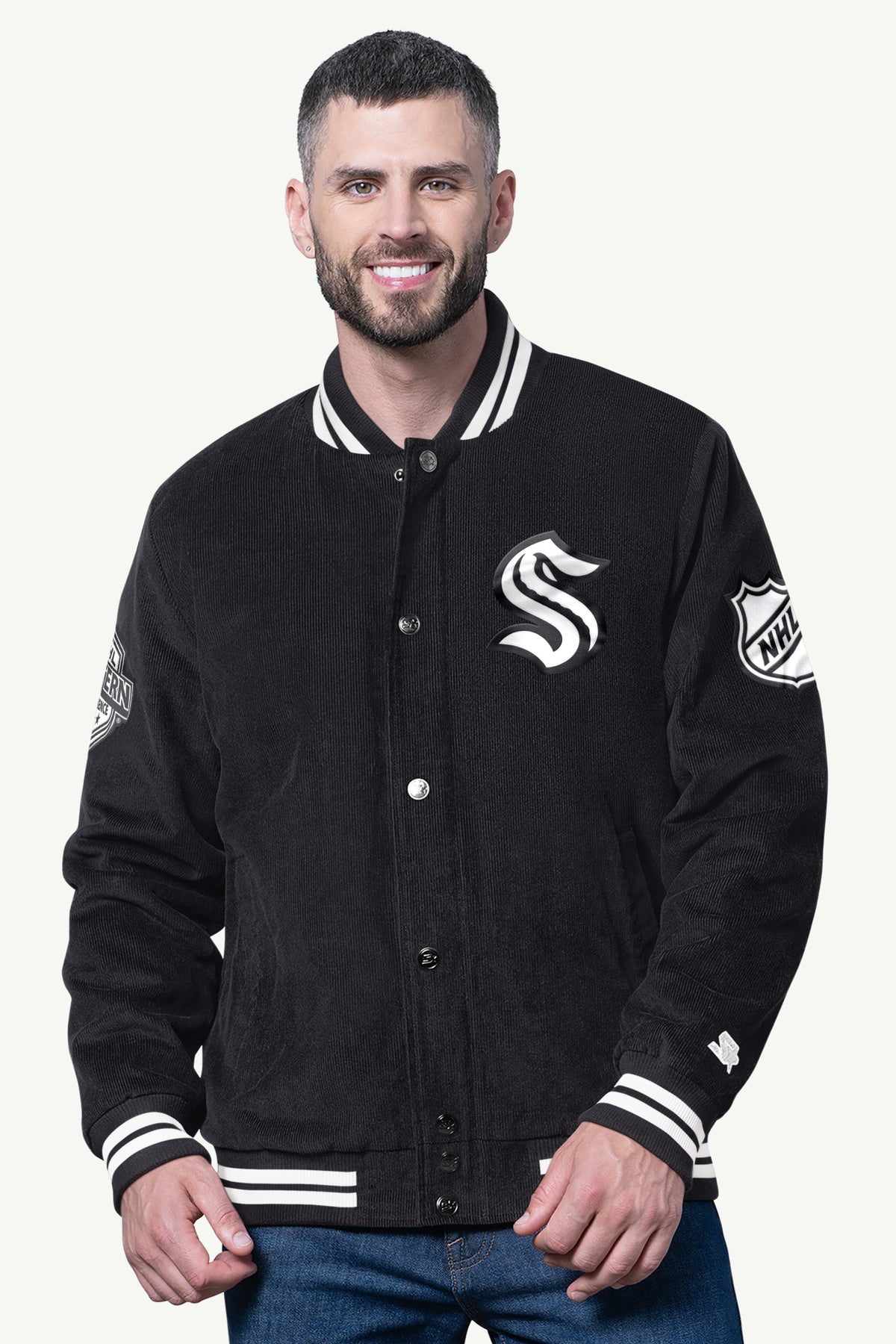 Starter MENS SEATTLE KRAKEN BLACKOUT CORDUROY VARSITY JACKET