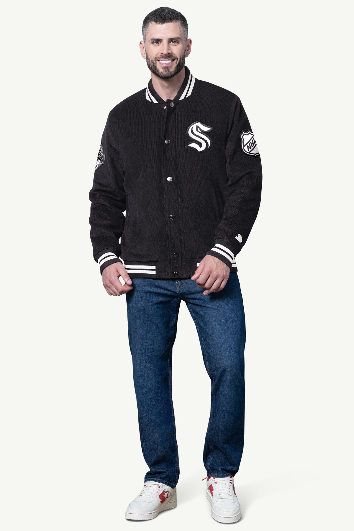 Starter MENS SEATTLE KRAKEN BLACKOUT CORDUROY VARSITY JACKET
