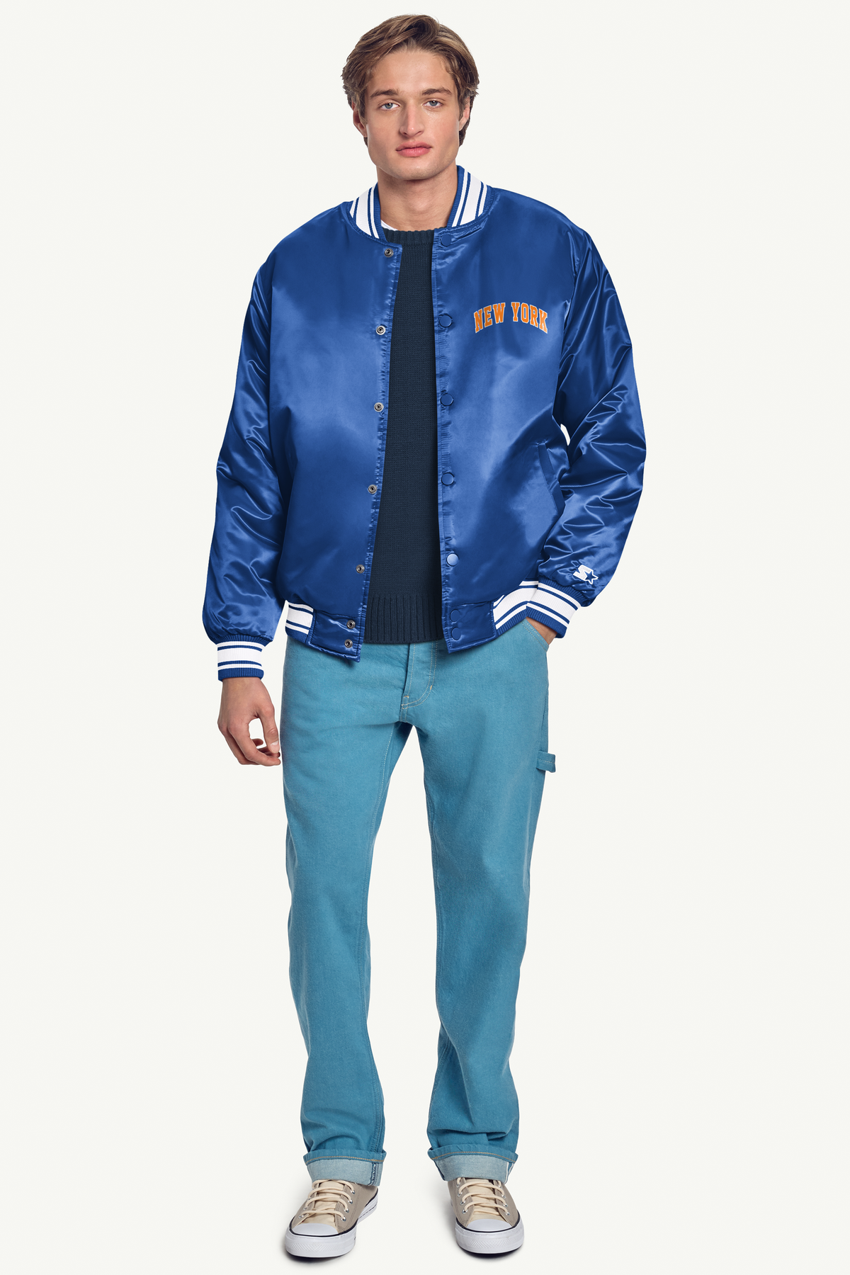 Starter MENS NEW YORK KNICKS PRINTED GRAPHIC SATIN VARSITY JACKET