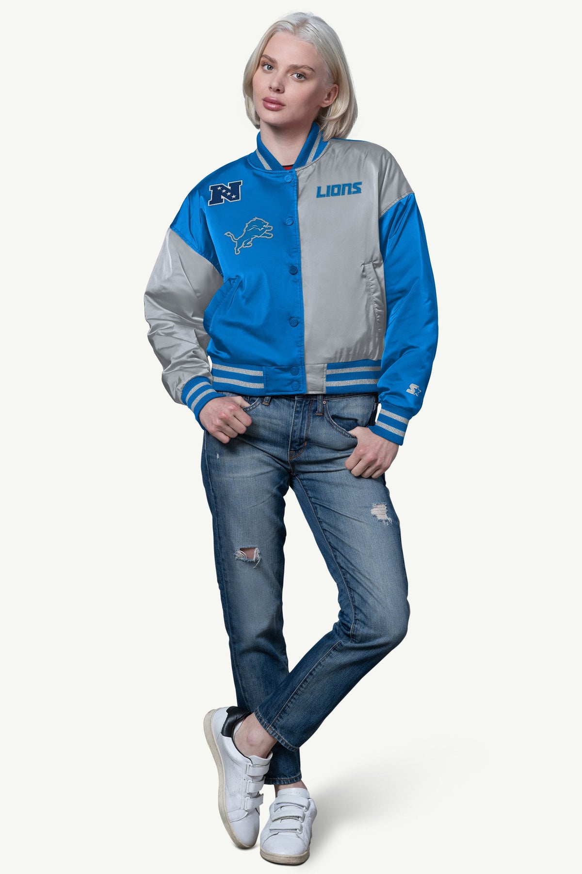 Starter WOMENS DETROIT LIONS OFFSIDE SATIN VARSITY JACKET