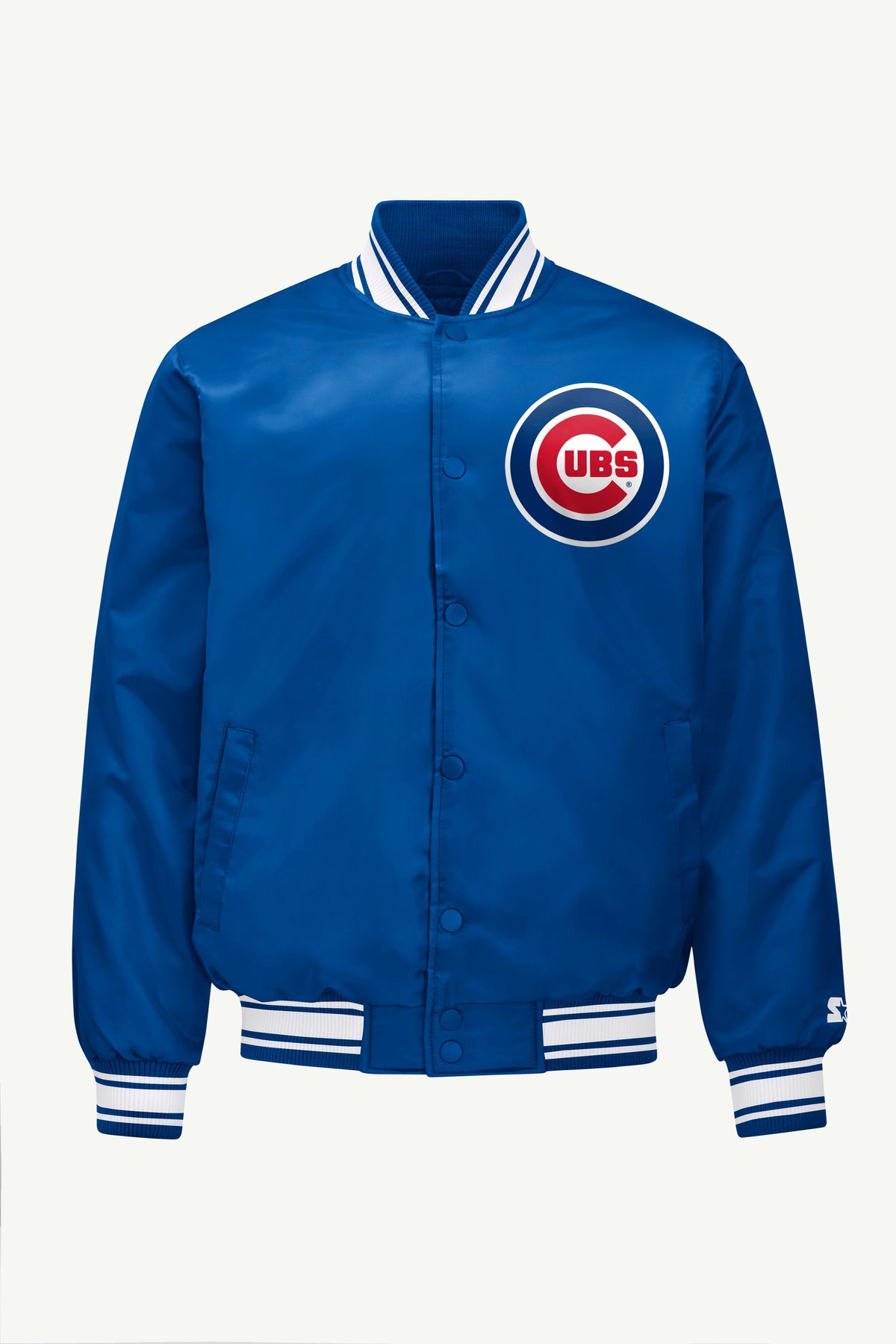Starter MENS CHICAGO CUBS HOMEPLATE PRINTED GRAPHIC SATIN VARSITY JACKET