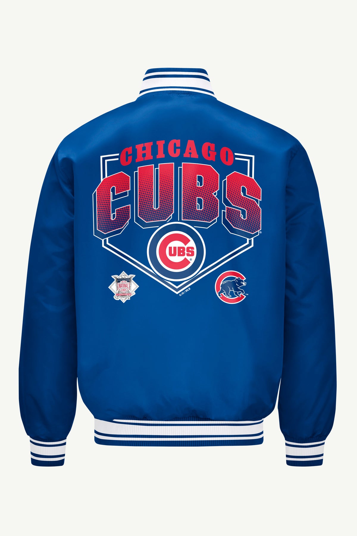 Starter MENS CHICAGO CUBS HOMEPLATE PRINTED GRAPHIC SATIN VARSITY JACKET