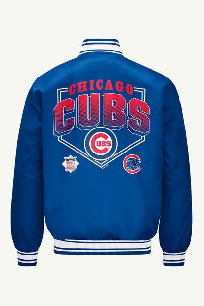 Starter MENS CHICAGO CUBS HOMEPLATE PRINTED GRAPHIC SATIN VARSITY JACKET