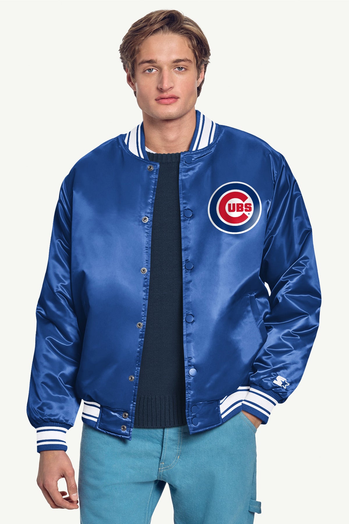 Starter MENS CHICAGO CUBS HOMEPLATE PRINTED GRAPHIC SATIN VARSITY JACKET