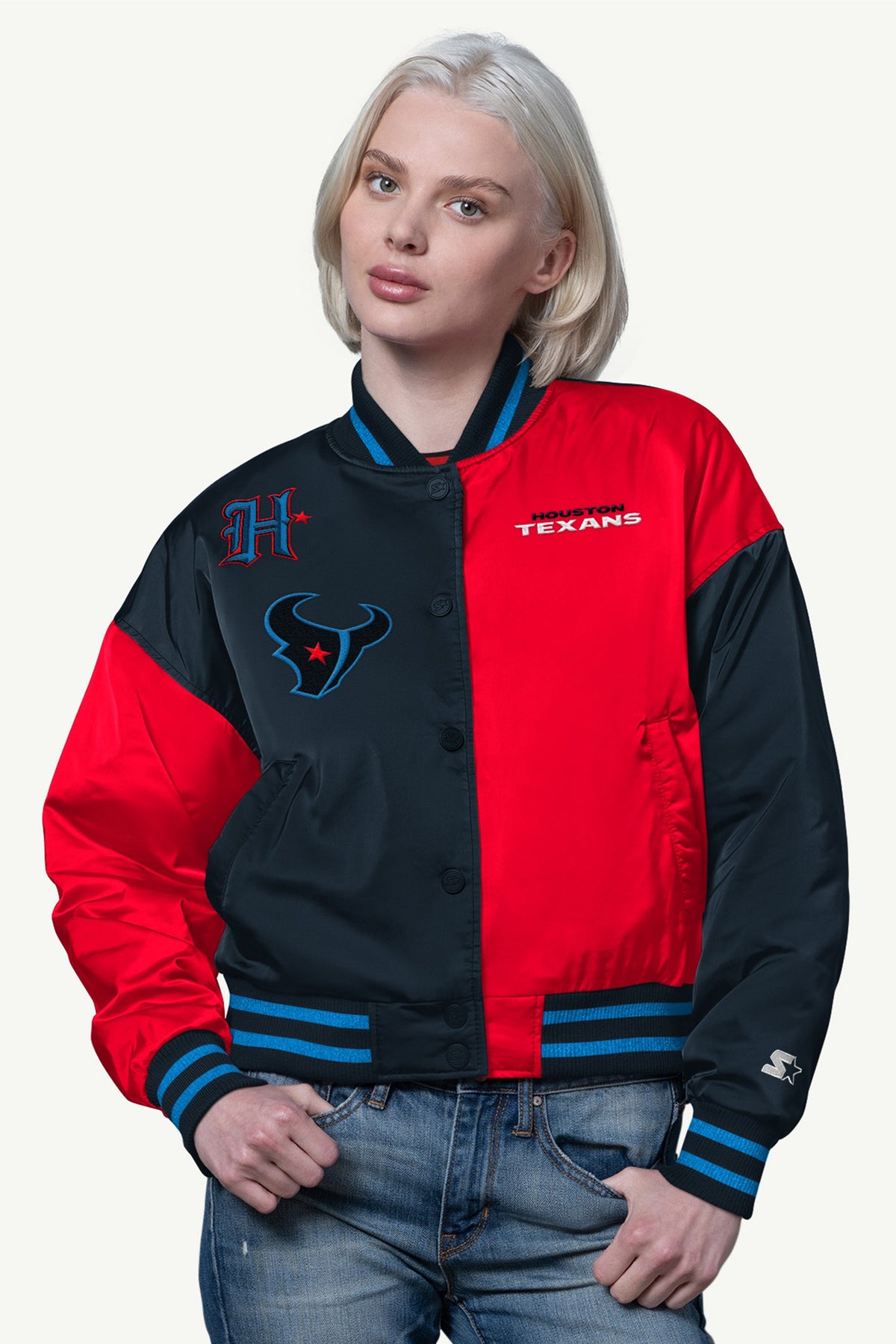 Starter WOMENS HOUSTON TEXANS OFFSIDE SATIN VARSITY JACKET