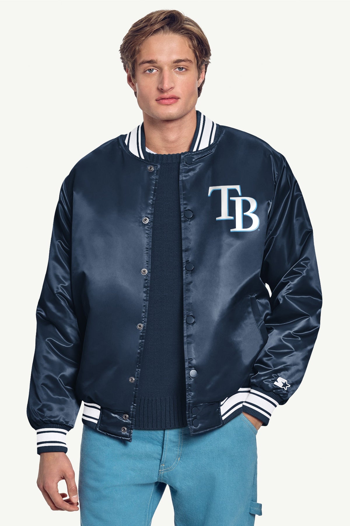 Starter MENS TAMPA BAY RAYS PRINTED HOMEPLATE SATIN VARSITY JACKET