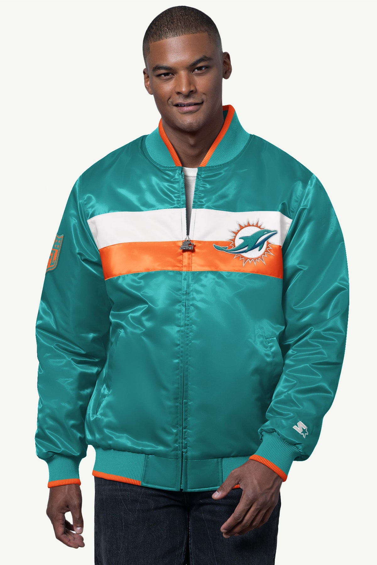 Starter MENS MIAMI DOLPHINS AMBASSADOR SATIN VARSITY JACKET