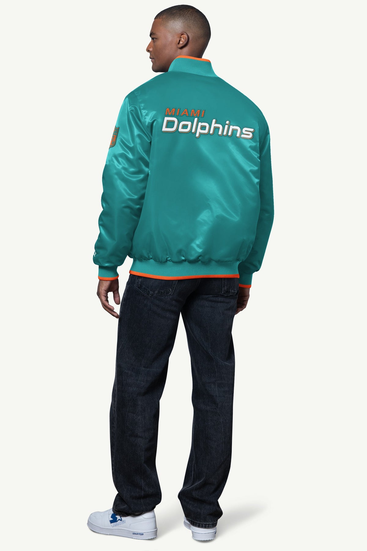 Starter MENS MIAMI DOLPHINS AMBASSADOR SATIN VARSITY JACKET