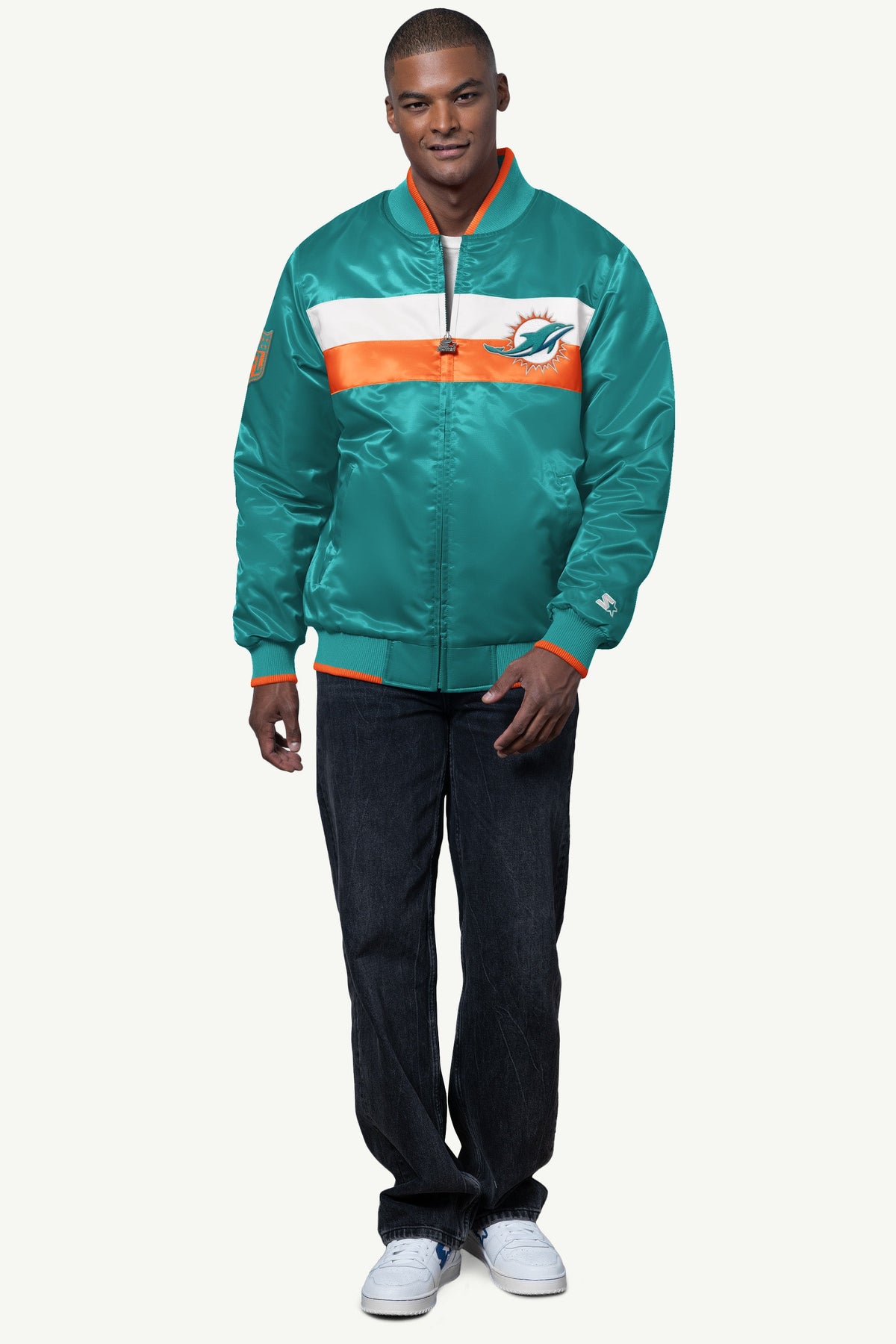 Starter MENS MIAMI DOLPHINS AMBASSADOR SATIN VARSITY JACKET