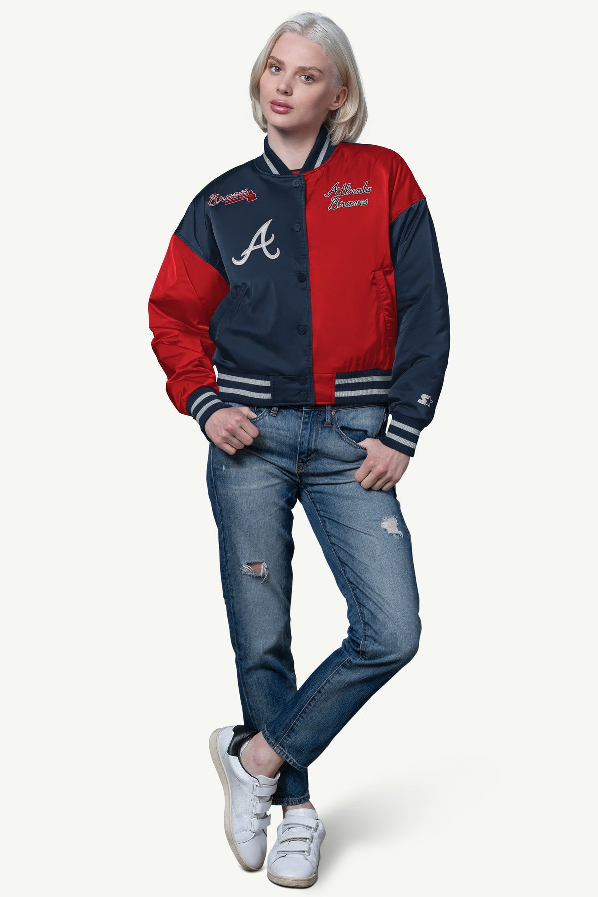 Starter WOMENS ATLANTA BRAVES OFFSIDE SATIN VARSITY JACKET