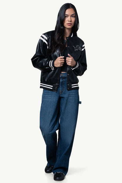 Starter WOMENS DETROIT LIONS FAUX LEATHER VARSITY JACKET