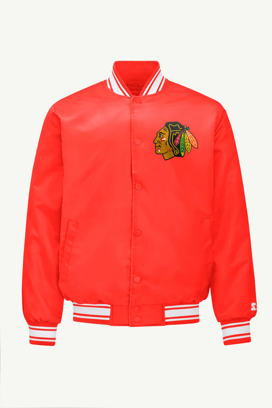 Starter MENS CHICAGO BLACKHAWKS TRIANGLE SATIN VARSITY JACKET