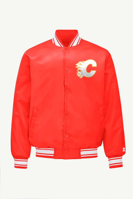 Starter MENS CALGARY FLAMES PRINTED GRAPHIC TRIANGLE SATIN VARSITY JACKET